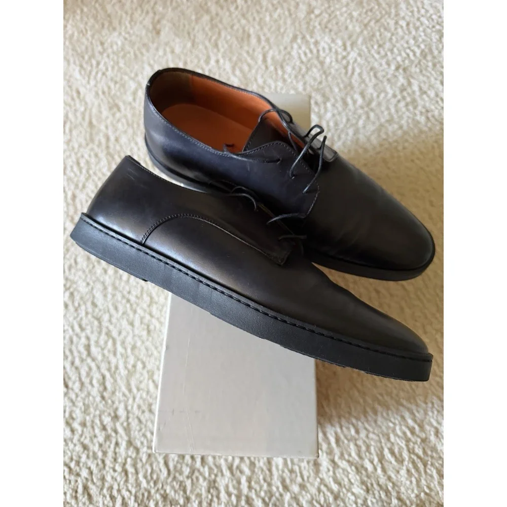 Santoni Black Leather Derby Lace Up Dress Shoes‎ Men's Size 7.5 Almond Toe